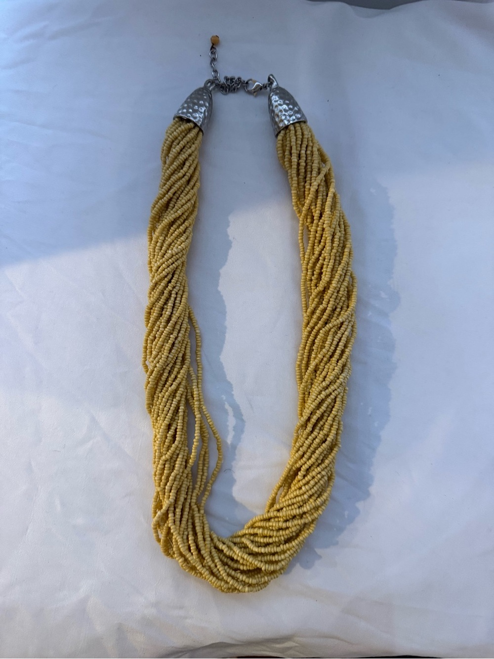 Multi-Strand Yellow Beaded Statement Necklace with Silver Caps
